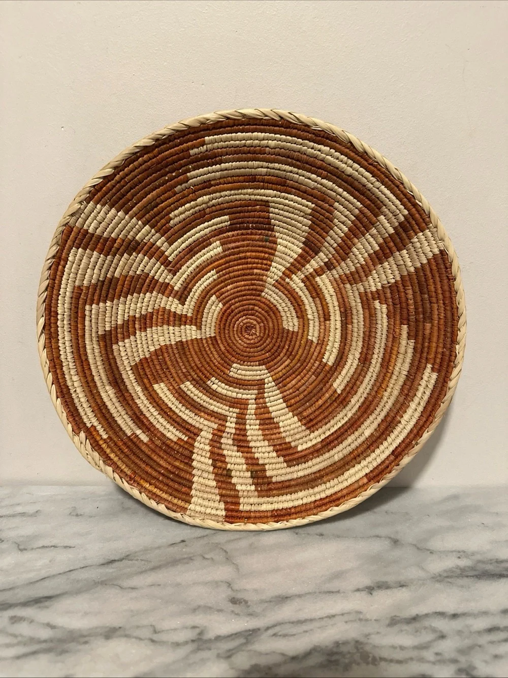 Handwoven Decorative Wall Basket in Brown and Cream small weave vintage